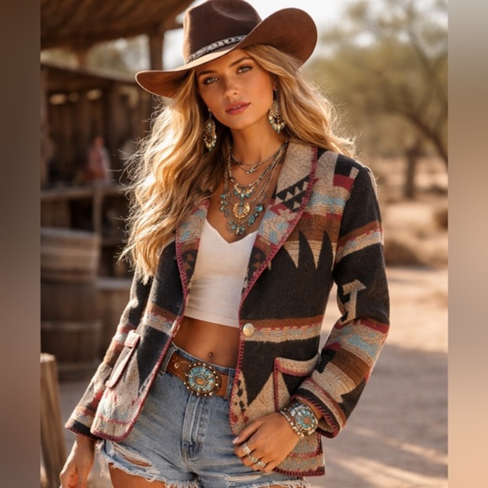 Vintage Rhonda Stark Southwestern Wool Blend Jacket Boho Western Aztec Blazer